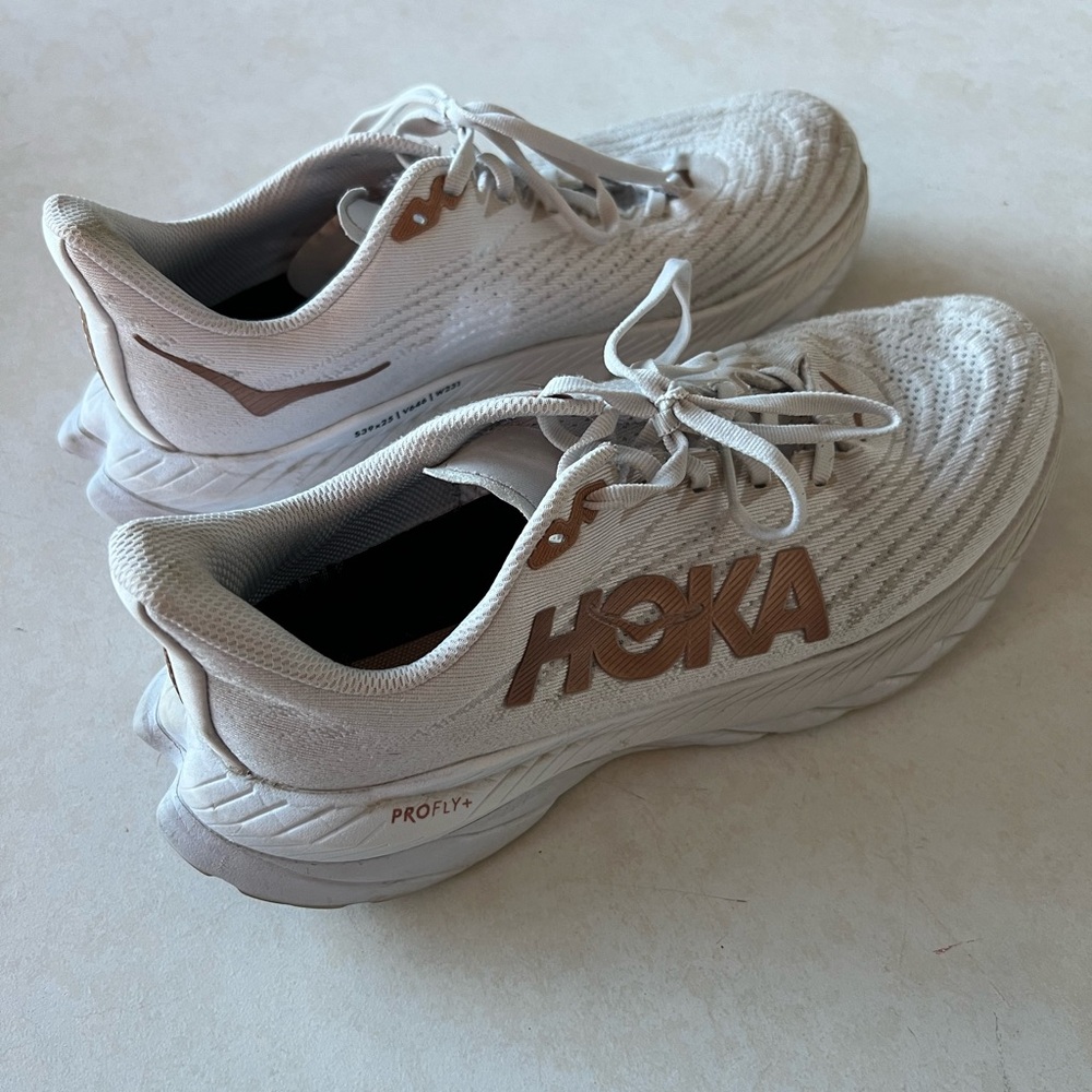 Hoka Athletic Shoes in White and Tan